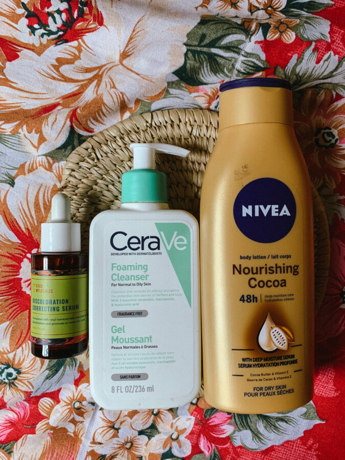 3 skincare empties ft the reviews of cerave foaming cleanser, nivea nourishing cocoa body lotion and good molecules discoloration correcting serum