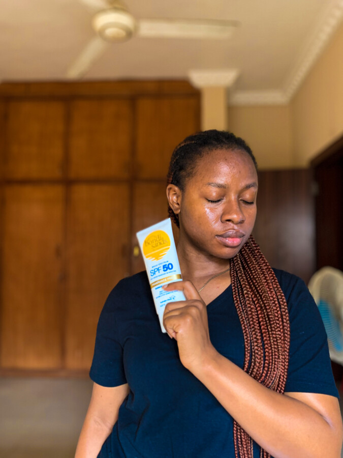 Bondi sands chemical sunscreen on Iruoma's right face