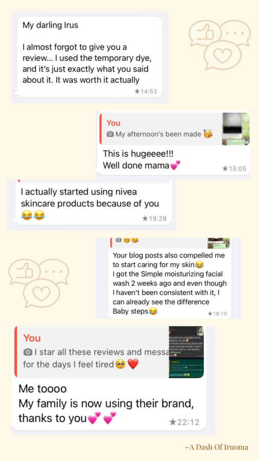 A picture collage of WhatsApp messages to Iruoma with positive feedback on the blog
